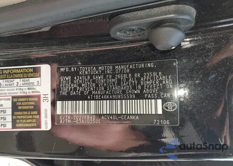 2009 Toyota Camry Le z USA, uszkodzony, nr VIN 4T1BE46K49U855599